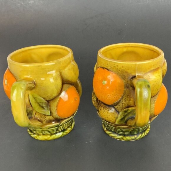 Inarco Vintage Ceramic Fruit Basket Mugs Pair Orange Lemon Design Coffee Cups - Picture 2 of 8